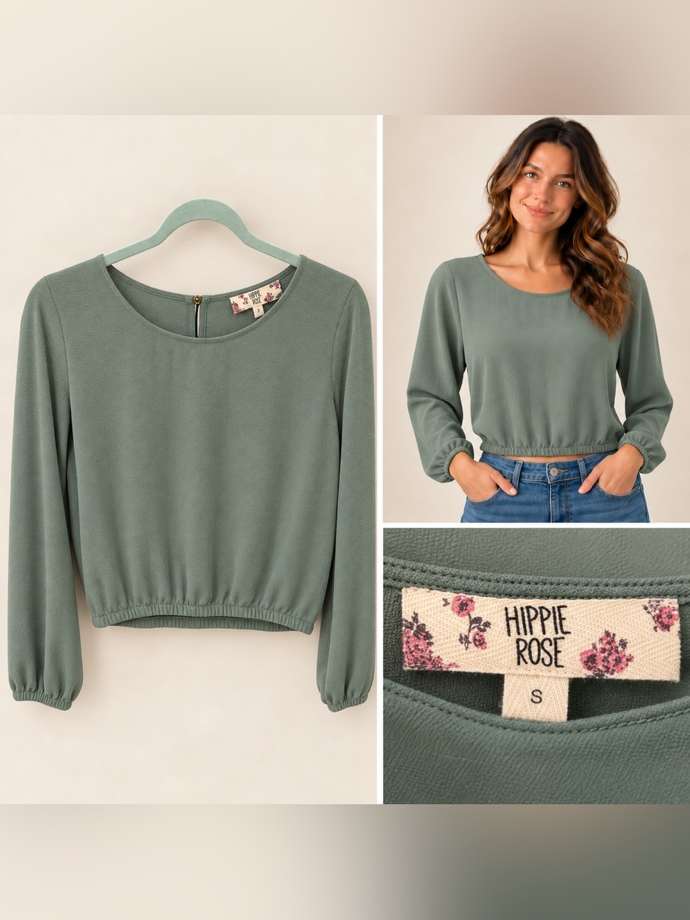 Hippie Rose Sage Cropped Long-Sleeve Top
